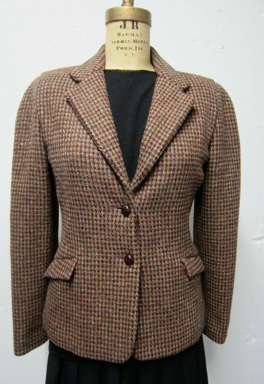 Vintage 80s Perry Ellis Hong Kong Wool Jacket Rust Tan Houndstooth Check S-M 36"